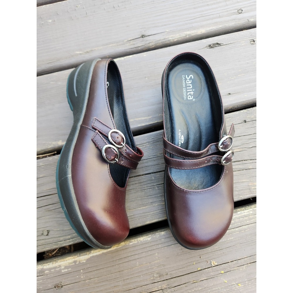 Sanita Clogs Burgundy Leather Double Mary Jane Strap Mules Liquicell Size 38‎